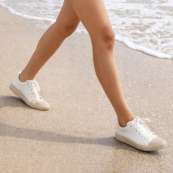 Vionic Shoes - Vionic Upside White Canvas Tan Accent Lace Up Sneakers, Size 6.5